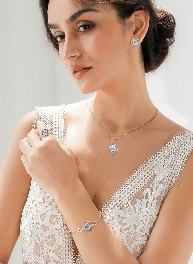 Wovanoo Women 4Pieces Cubic Zirconia Jewellery Set Rhinestone Necklace Earrings Bracelet Ring Rose Gold - Image 2
